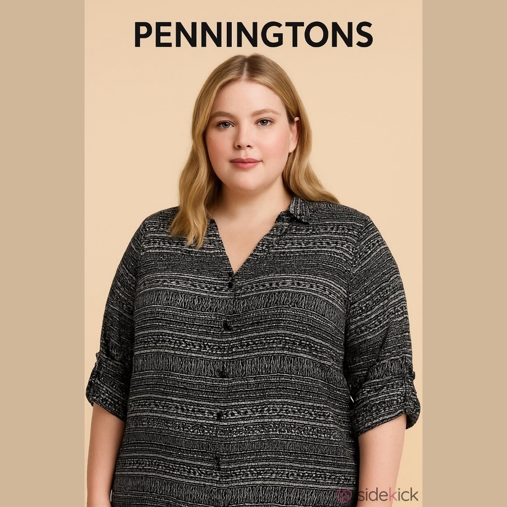 PENNINGTON Aztec Black print Button Front Blouse Tab Slv Sz X4